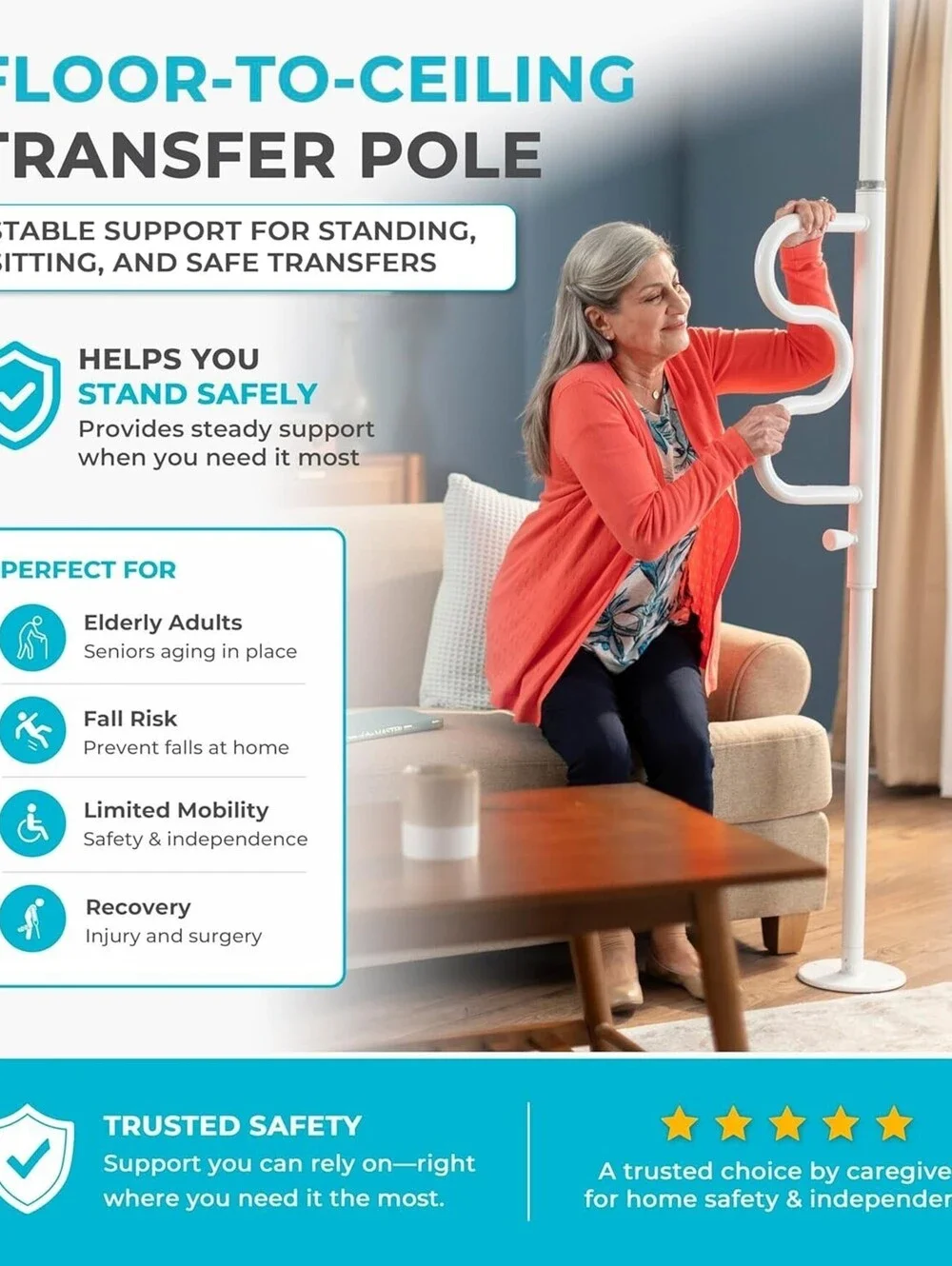 Stander Wonder Pole Plus with Rotating Double Grab Bar, White